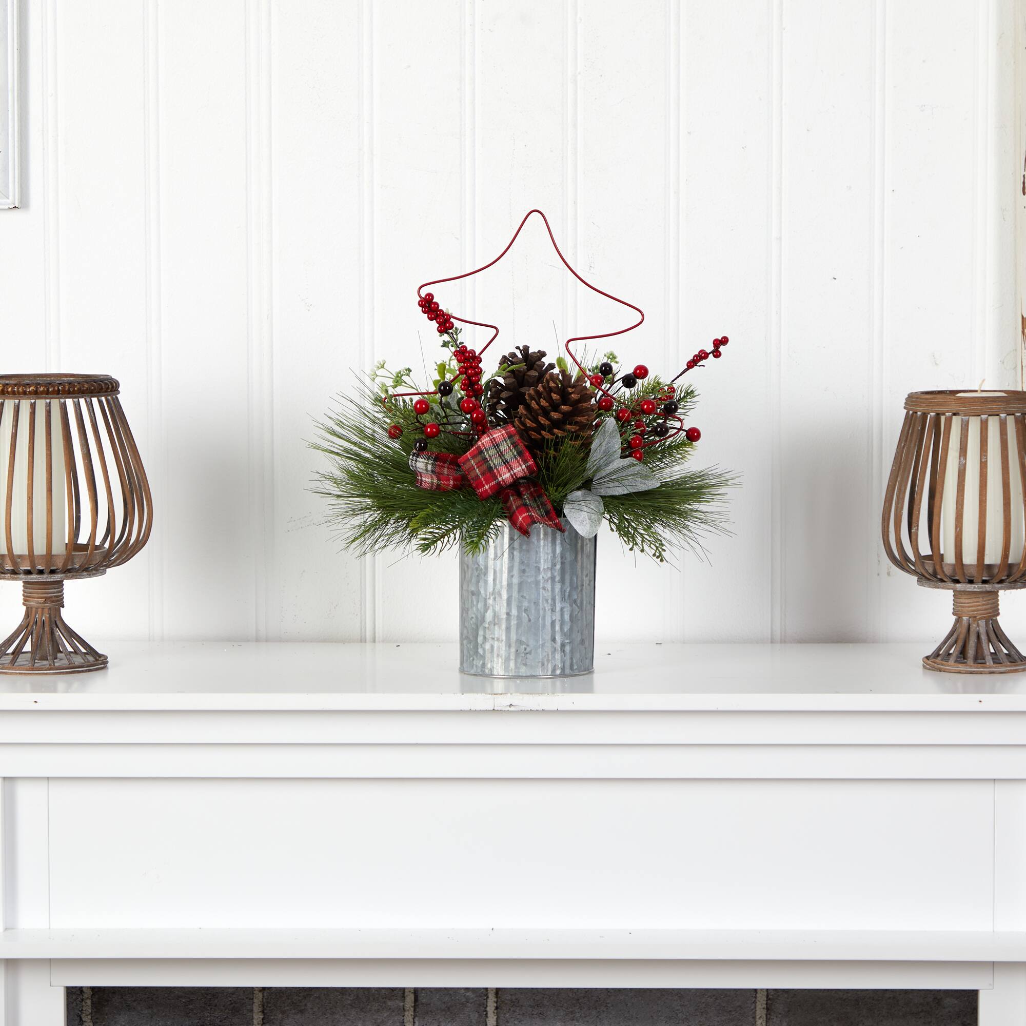 17" Pinecone & Berries Artificial Christmas Arrangement with Decorative Metal Vase & Wire Red Christmas Tree
